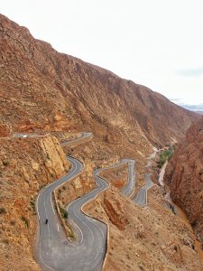 Aerial view of the winding road through Dades Gorges, Morocco.